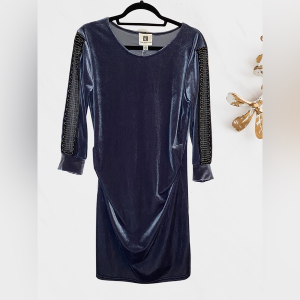 NWT Women’s Vicky & Lucas Velour Blue Studded Rhinestone Button Dress Size Large